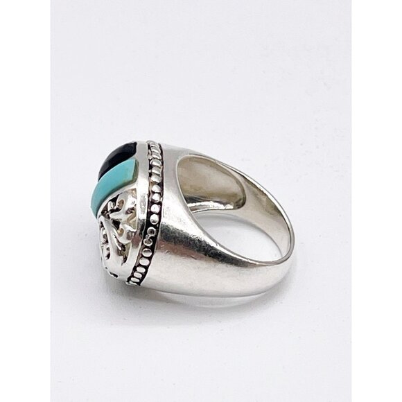 Vintage 925 Sterling Silver Inlay Ring SZ 6.5 Turquoise Onyx Coral Southwest - Picture 7 of 11